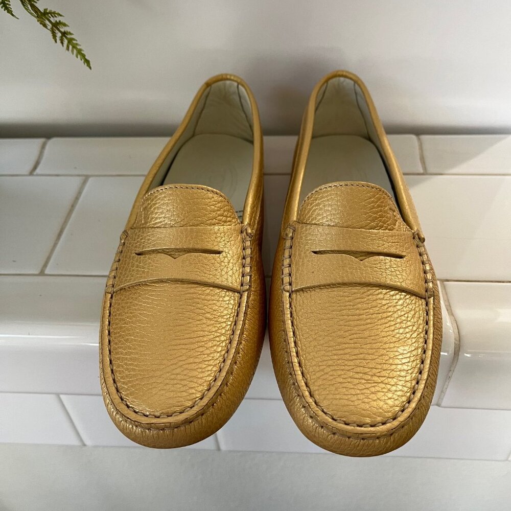 Tod's Metallic Gold Pebbled Leather Penny Loafers